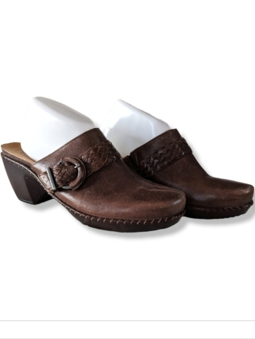 Nuture Abiee‎ Leather Clogs Mules 10 Brown 3" Heel Braided Straps